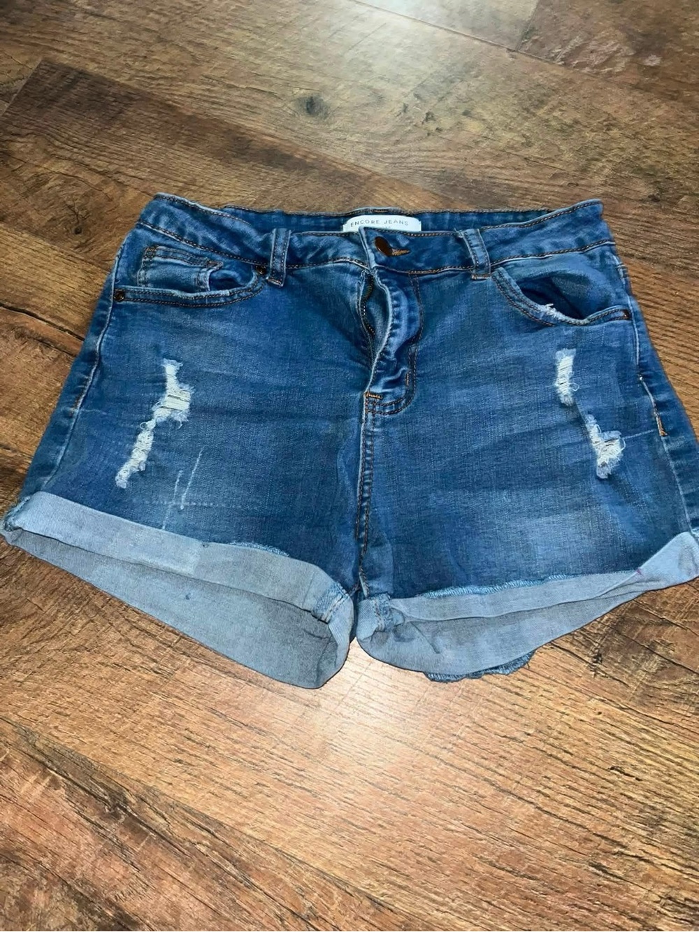 Encore Jeans Blue Distressed Rolled Cuff Denim Shorts